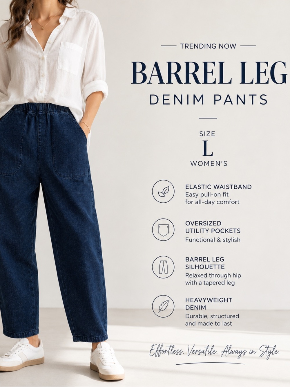 Barrel Leg Denim Pants High Rise Pull On Elastic Waist Utility Jeans Size L - Picture 3 of 8